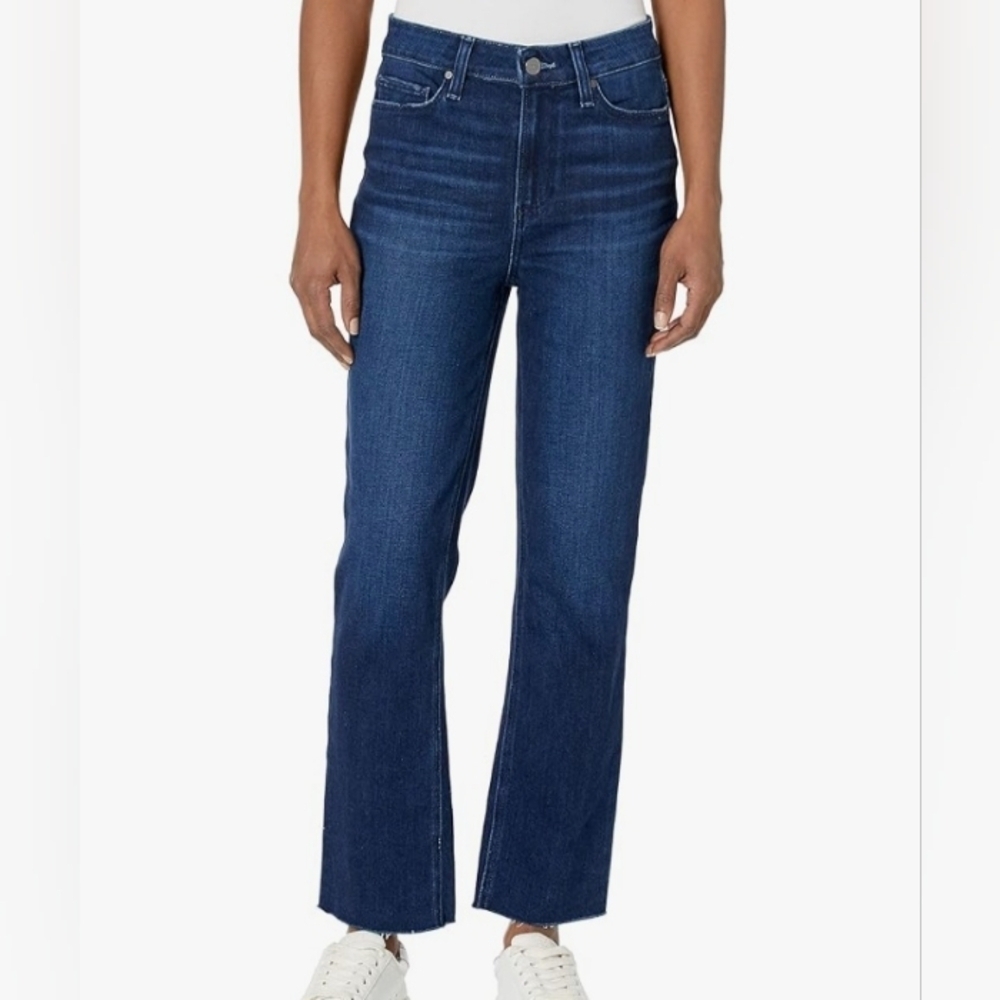 Paige Cindy High Rise Straight Ankle Raw Hem Jeans Dark Wash NWT Size 32P